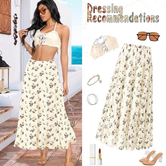 Maxi Skirts for Women Pleated Long Flowy Chiffon Elastic Waist Tiered A Line Ski - Picture 7 of 7